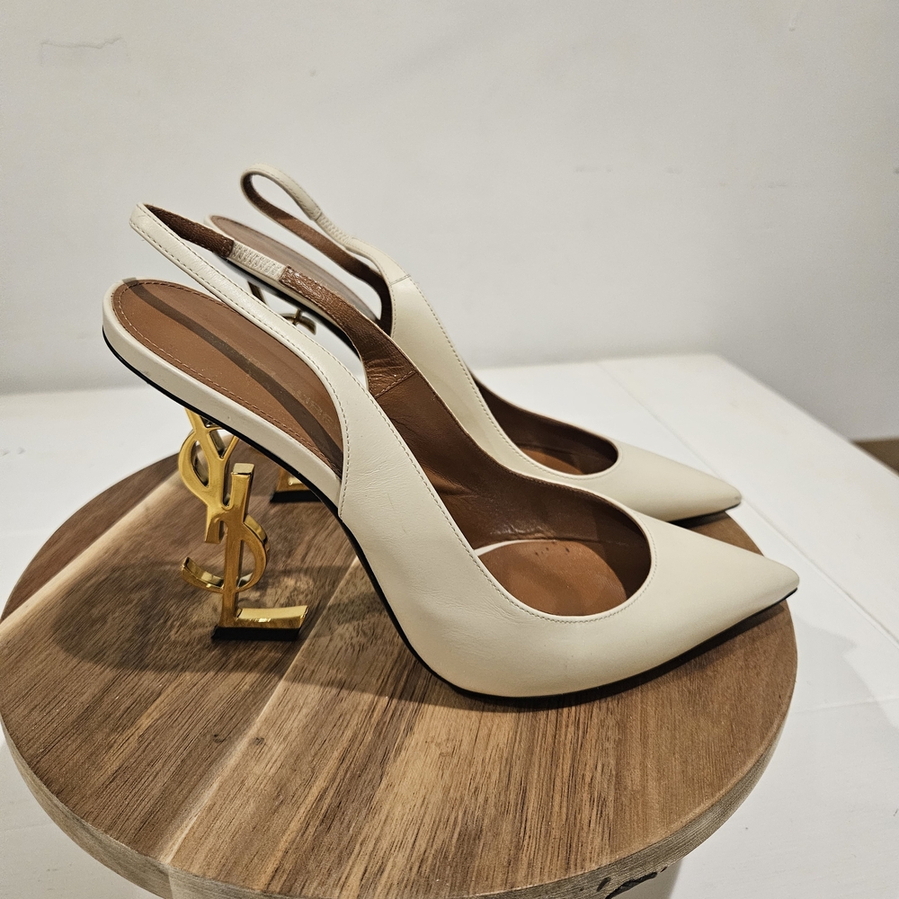 Yves Saint Laurent Cream Slingback Heels with Gold Accent